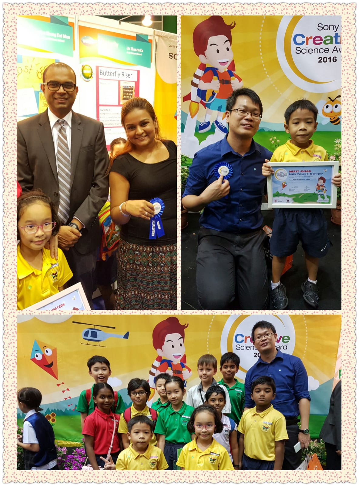 Three scenes from the Sony Creative Science Award 2016 showing adults and young students posing with blue rosettes and certificates.